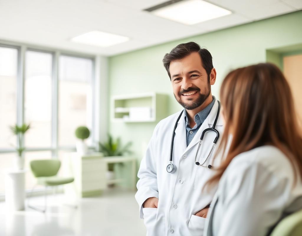 Médico conversando com paciente em consultório moderno